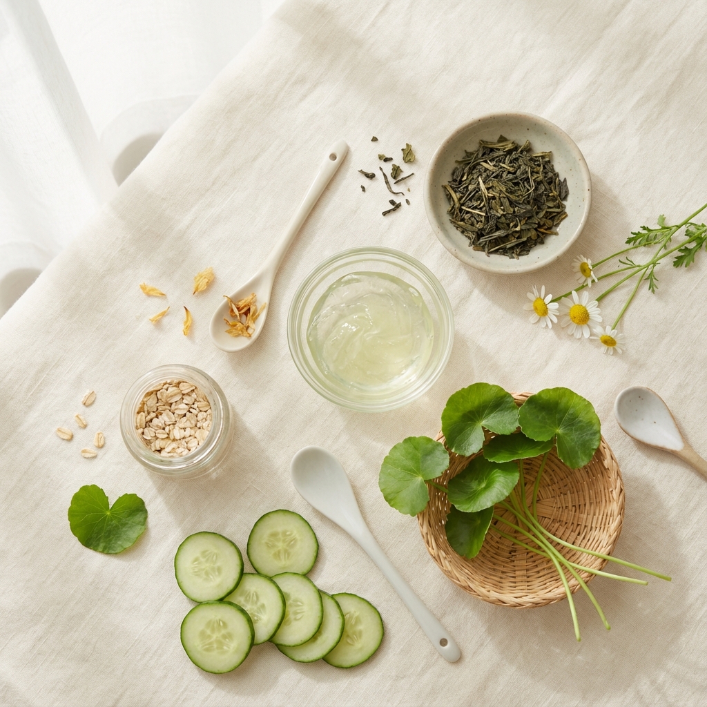Soothing skincare ingredients: aloe vera, chamomile, cucumber, centella asiatica, green tea, oats