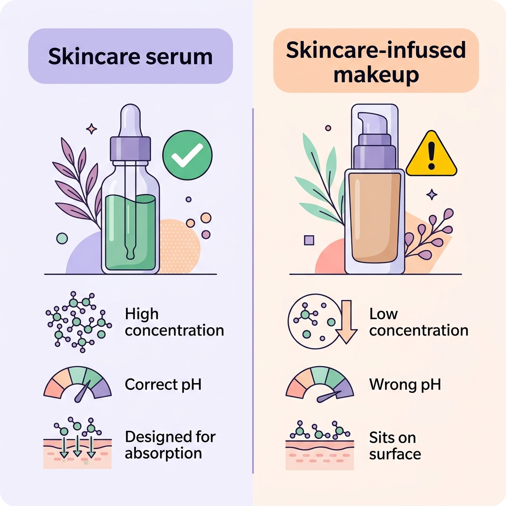 Skincare serum vs skincare-infused makeup: concentration, pH, and absorption compared