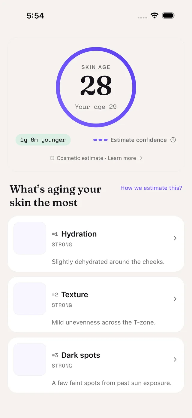 Skin analysis screen showing current skin insights and a cosmetic skin age estimate