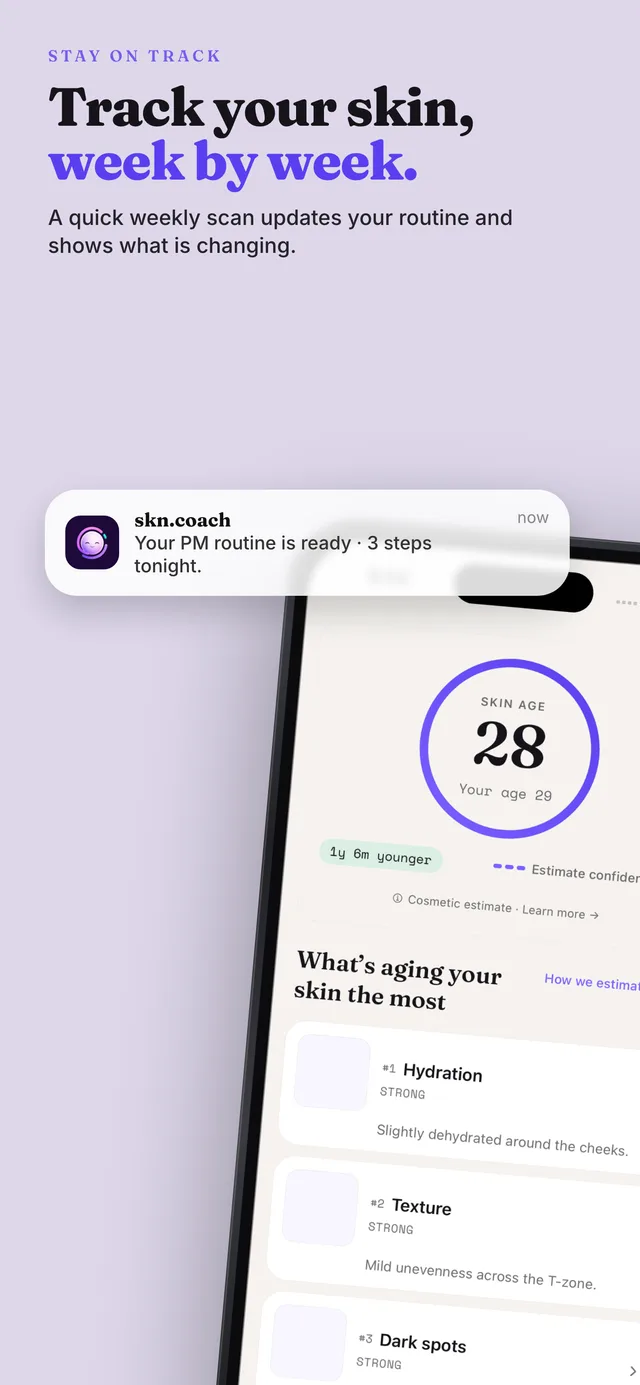 Skin scan progress tracking showing weekly pore and texture improvements