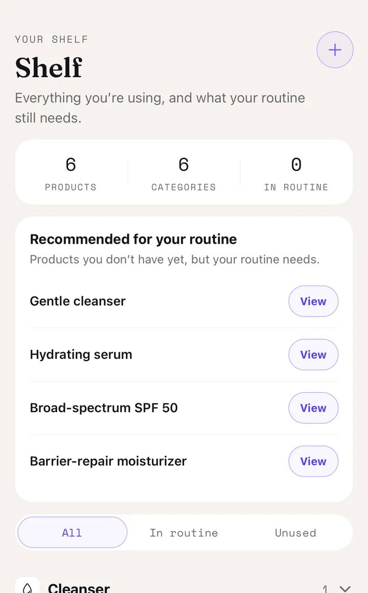 Shelf screen listing your products and what your routine still needs